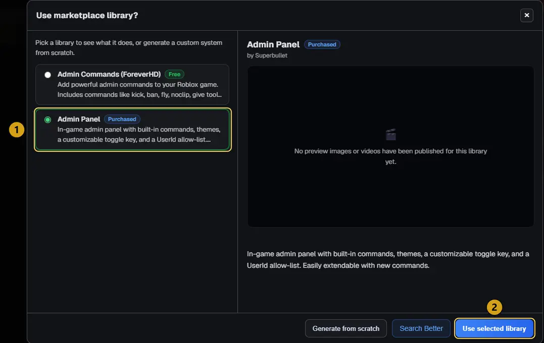 The Use marketplace library window with Admin Commands marked Free and Admin Panel marked Purchased, the Admin Panel marked 1 and Use selected library marked 2