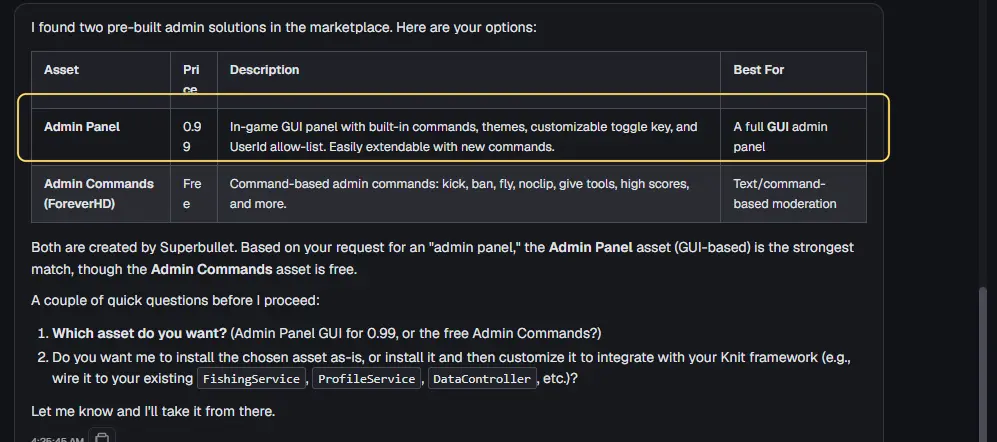 The AI's reply comparing the Admin Panel at 0.99 with the free Admin Commands, with the Admin Panel row highlighted