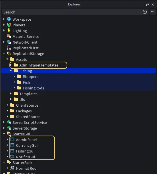 Studio's Explorer with AdminPanelTemplates and the AdminPanel, CurrencyGui and NotifierGui entries highlighted