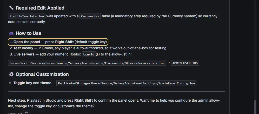 The AI's install summary with How to Use, and the line Open the panel, press Right Shift highlighted