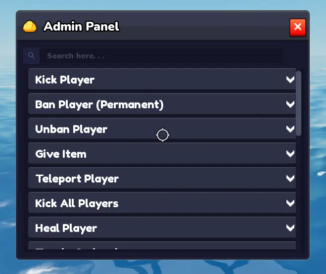The Admin Panel open in a playtest, listing commands such as Kick Player, Ban Player and Give Item