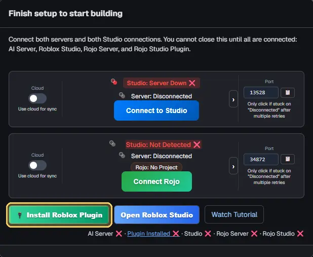 The Finish setup to start building checklist with the Install Roblox Plugin button highlighted