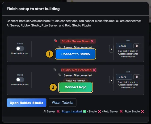 The checklist with Connect to Studio marked 1 and Connect Rojo marked 2