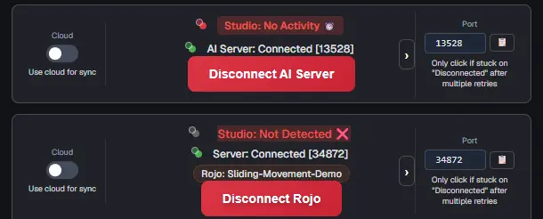 The checklist cards showing AI Server: Connected [13528] and Server: Connected [34872]