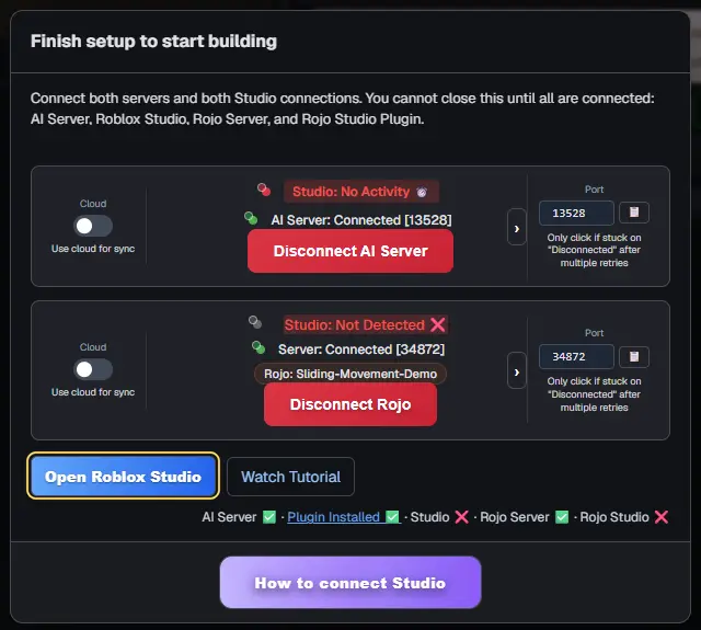 The checklist with the Open Roblox Studio button highlighted