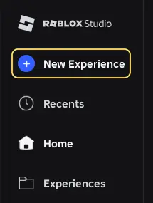 The Roblox Studio start page with New Experience highlighted