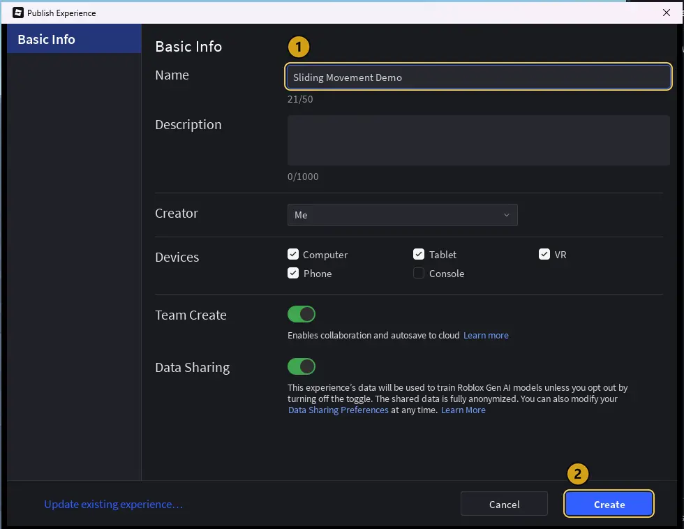 The Publish Experience dialog with the Name field marked 1 and the Create button marked 2