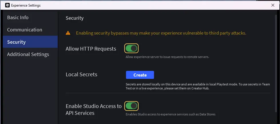 The Security page of Experience Settings with Allow HTTP Requests and Enable Studio Access to API Services turned on