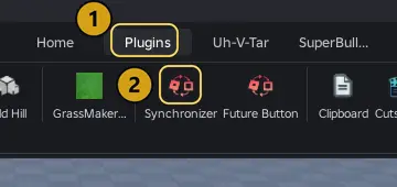The Studio ribbon with the Plugins tab and the Synchronizer button highlighted