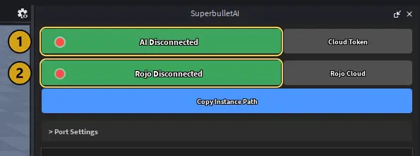The SuperbulletAI plugin panel with AI Disconnected marked 1 and Rojo Disconnected marked 2