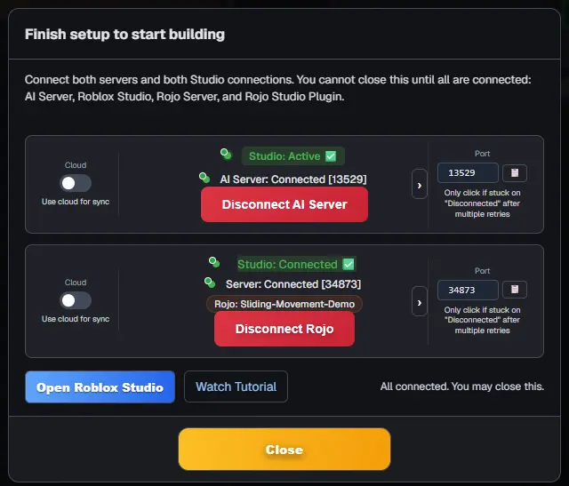 The setup checklist showing Studio: Active, Studio: Connected and All connected. You may close this.