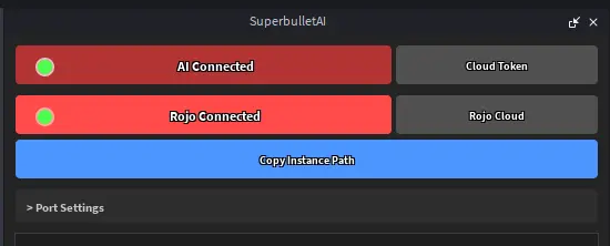 The SuperbulletAI plugin showing AI Connected and Rojo Connected