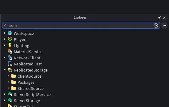 The Studio Explorer showing starter folders synced into ReplicatedStorage and ServerScriptService