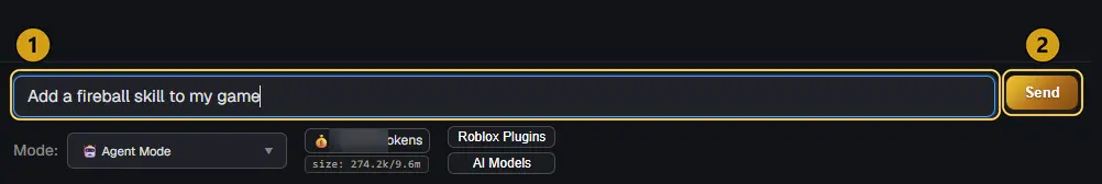 The chat box with Add a fireball skill to my game typed in, marked 1, and the Send button marked 2
