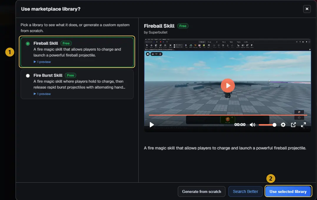 The Use marketplace library window with Fireball Skill selected, marked 1, and Use selected library marked 2