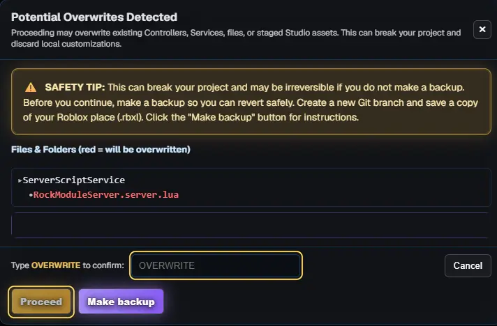 Potential Overwrites Detected listing RockModuleServer.server.lua, with the OVERWRITE box and Proceed highlighted