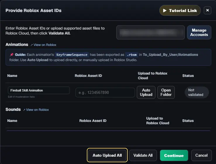 The Provide Roblox Asset IDs window with Fireball Skill Animation not yet uploaded, and Auto Upload All highlighted