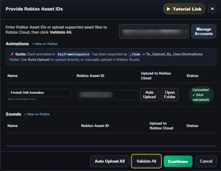 Fireball Skill Animation uploaded with an ID and Not validated, and Validate All highlighted