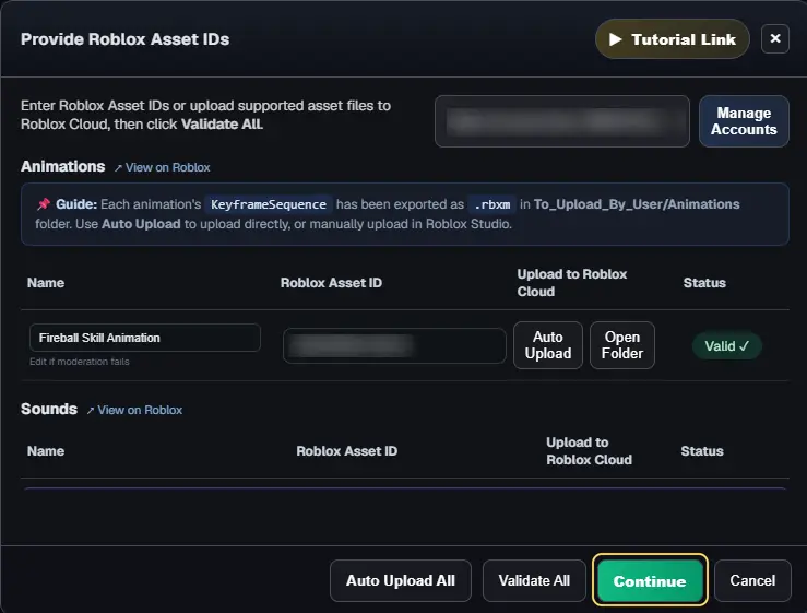 Fireball Skill Animation marked Valid, with Continue highlighted