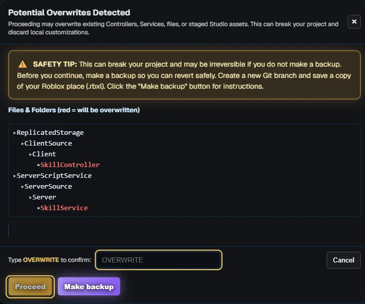 Potential Overwrites Detected listing SkillController and SkillService, with the OVERWRITE box and Proceed highlighted