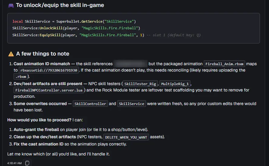 The AI's final message: To unlock/equip the skill in-game with a code sample, A few things to note, and three options for what to do next