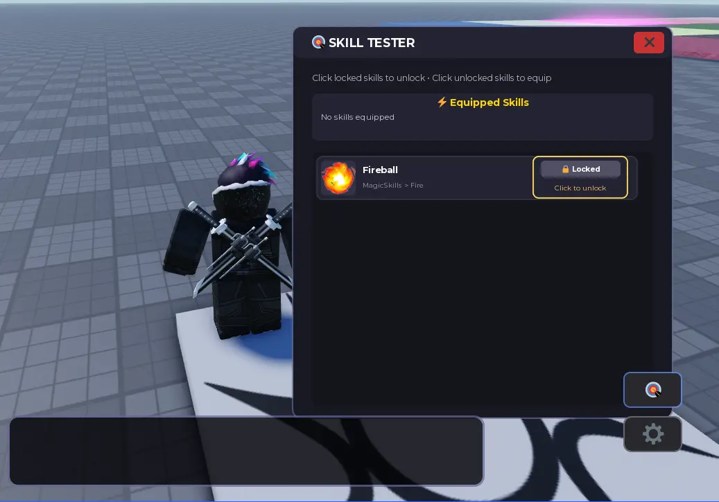 The SKILL TESTER panel with No skills equipped and Fireball marked Locked, highlighted