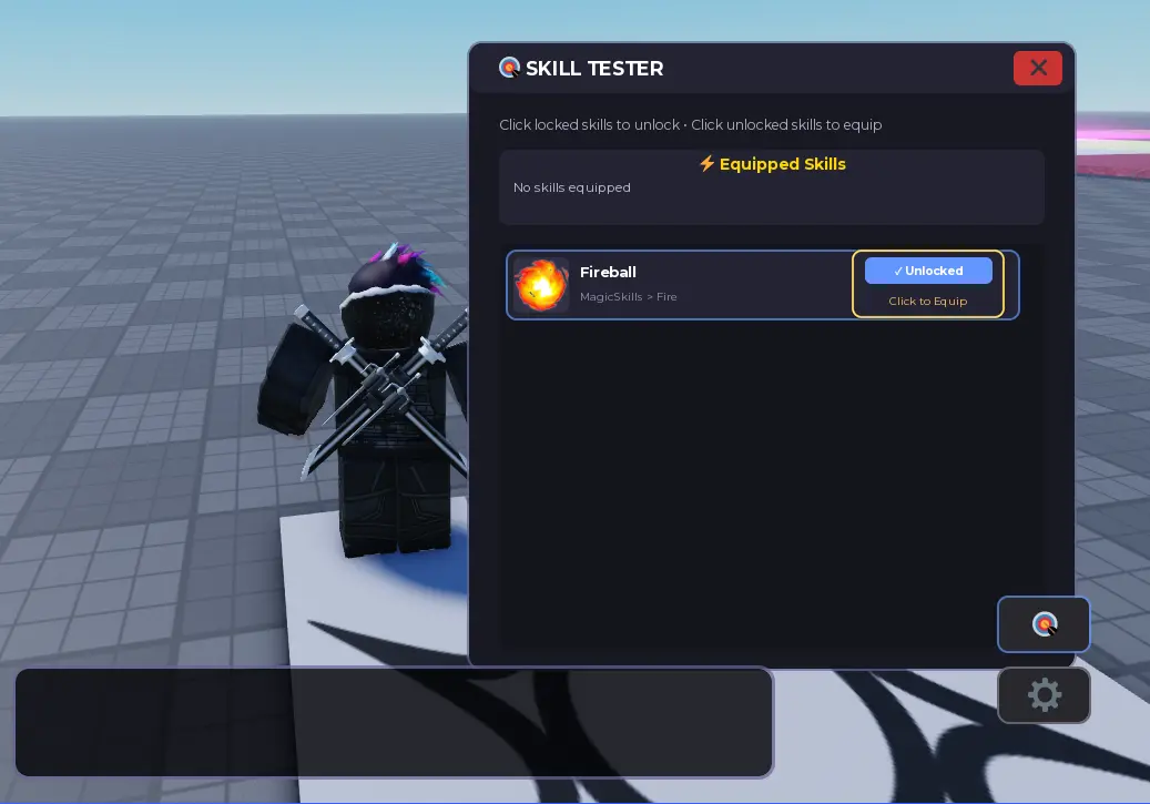 The SKILL TESTER with Fireball marked Unlocked, Click to Equip, highlighted
