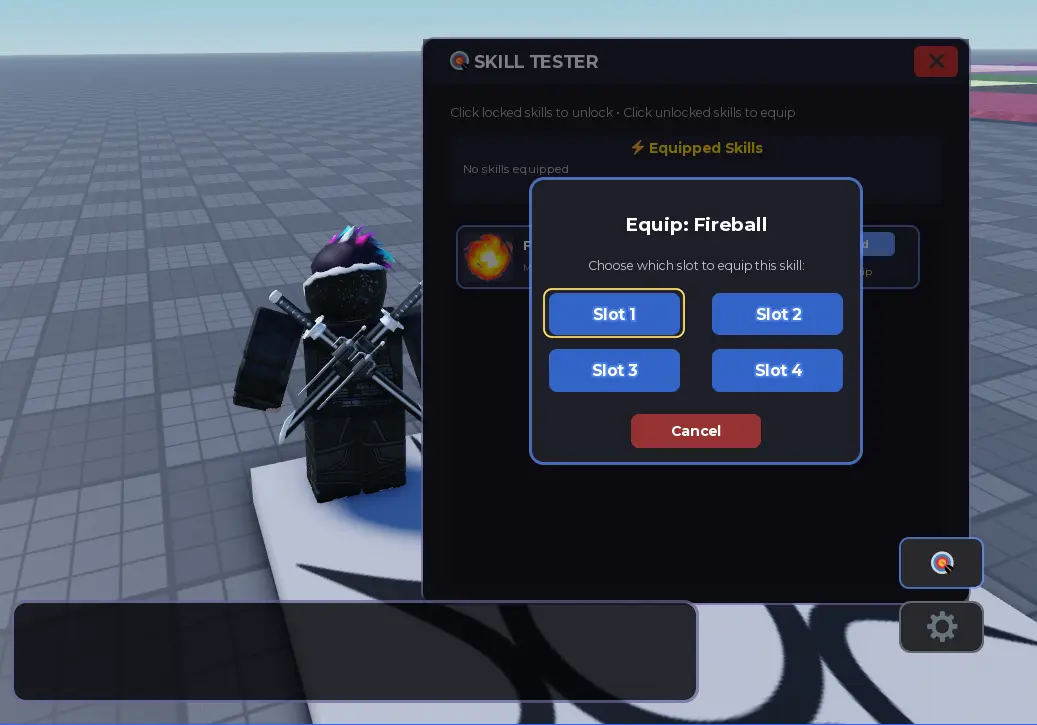 The Equip: Fireball window with Slots 1 to 4, and Slot 1 highlighted