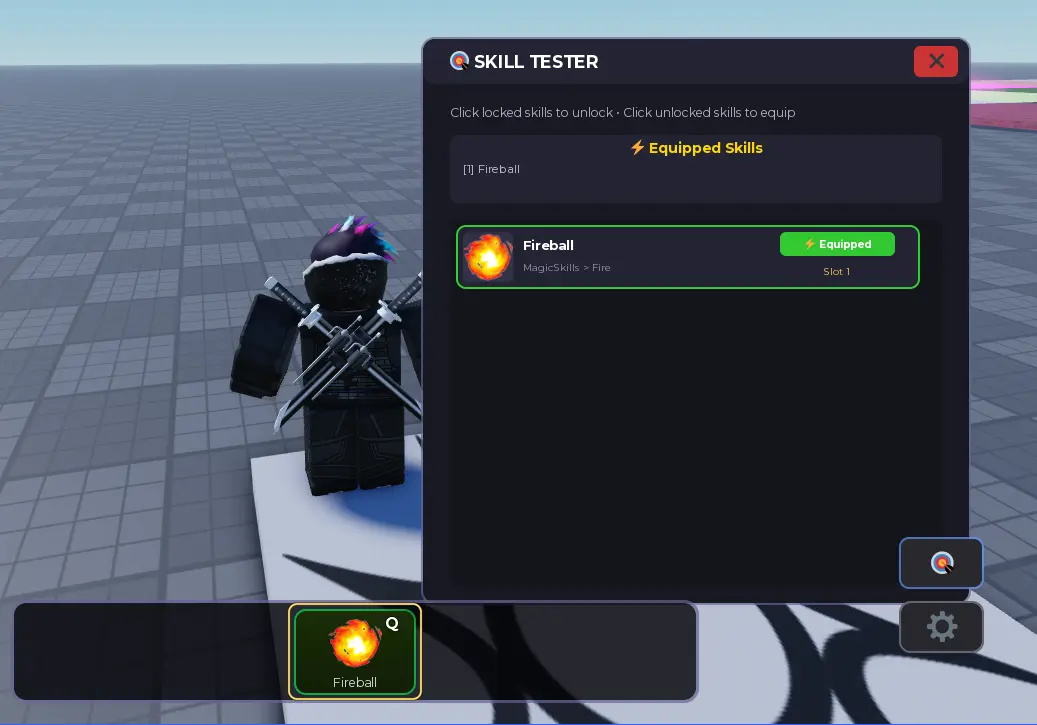 The SKILL TESTER showing Fireball Equipped in slot 1, and the Fireball skill on Q in the skill bar, highlighted