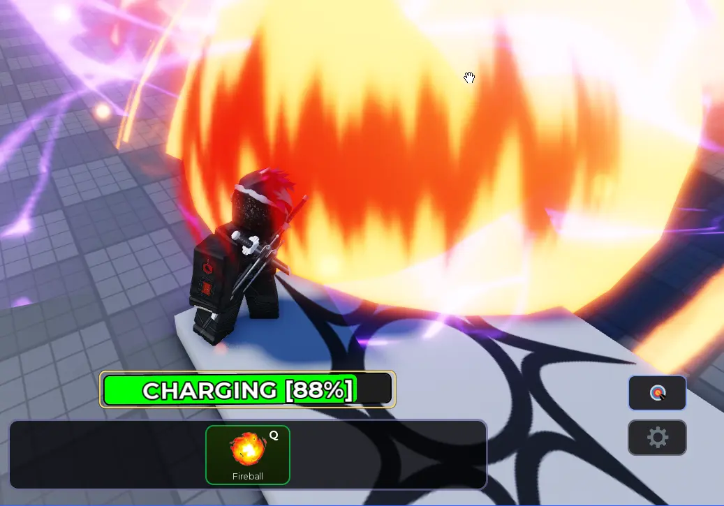 A playtest character charging a large fireball, with the CHARGING 88% bar highlighted