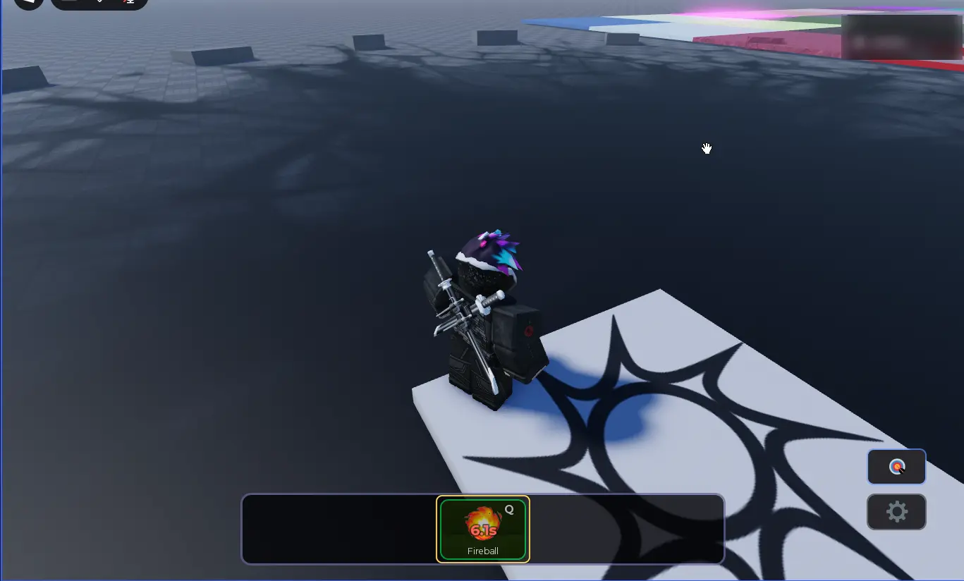 The same playtest after the blast, with rocks in the distance and the Fireball slot cooling down, highlighted