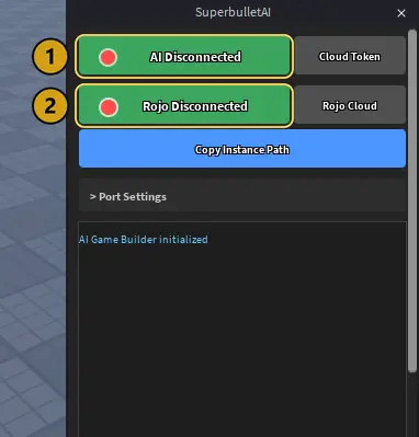 The SuperbulletAI plugin with AI Disconnected marked 1 and Rojo Disconnected marked 2