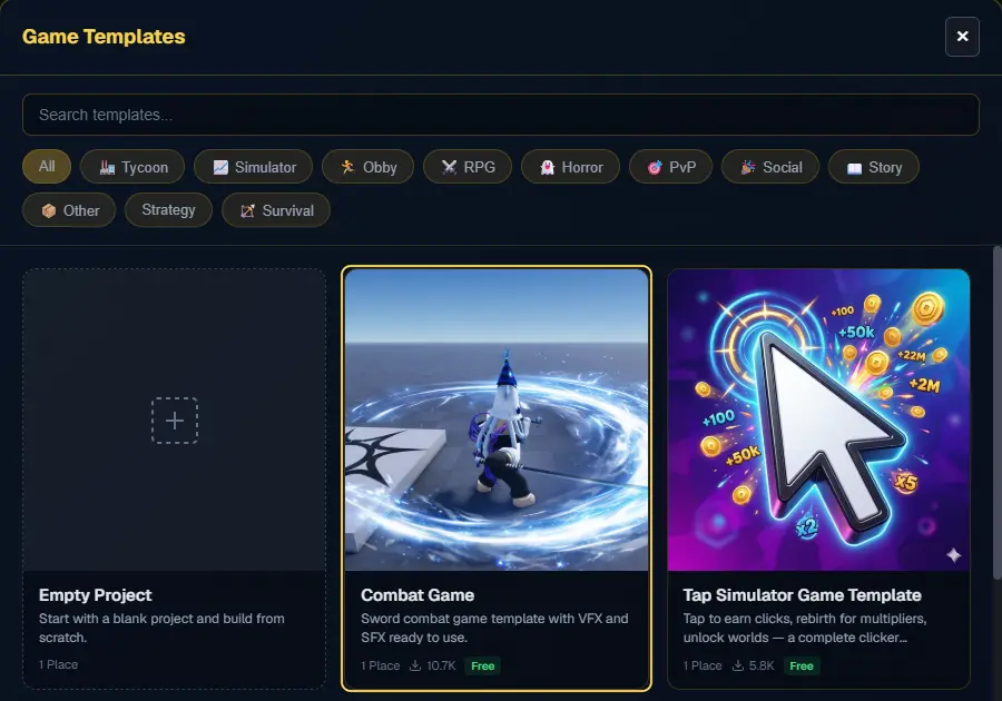 The Game Templates picker with the Combat Game card highlighted, next to Empty Project and Tap Simulator Game Template