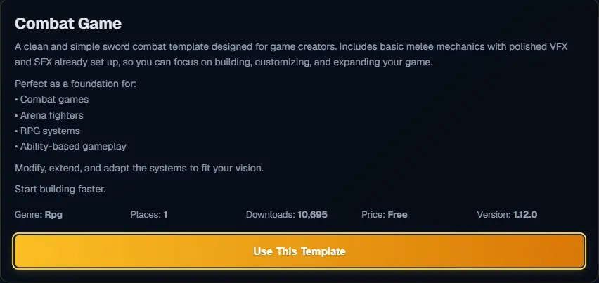 The Combat Game details with Genre, Places, Downloads, Price and Version, and the Use This Template button highlighted