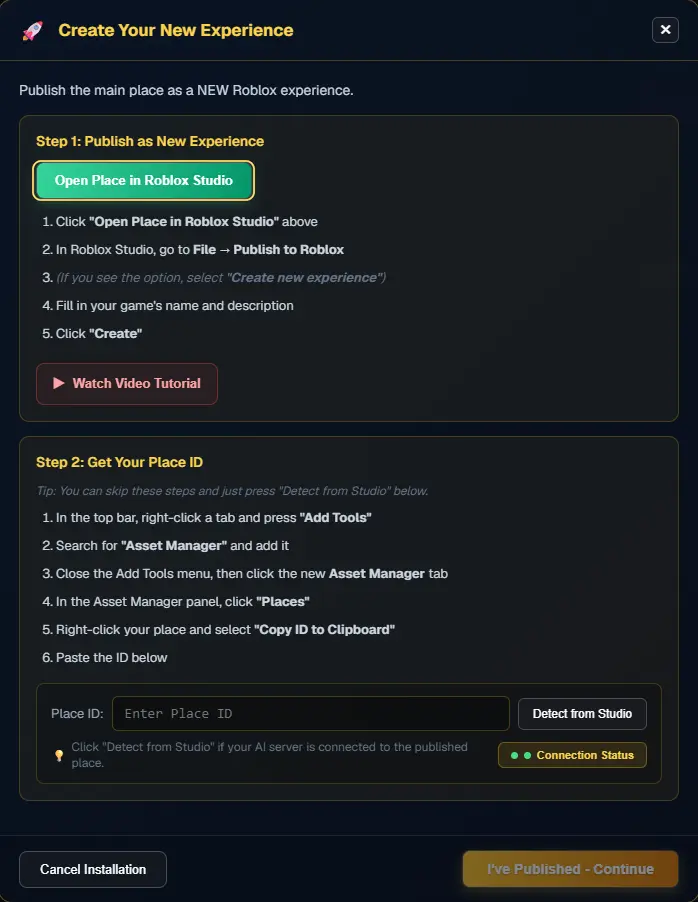 The Create Your New Experience window with the Open Place in Roblox Studio button highlighted