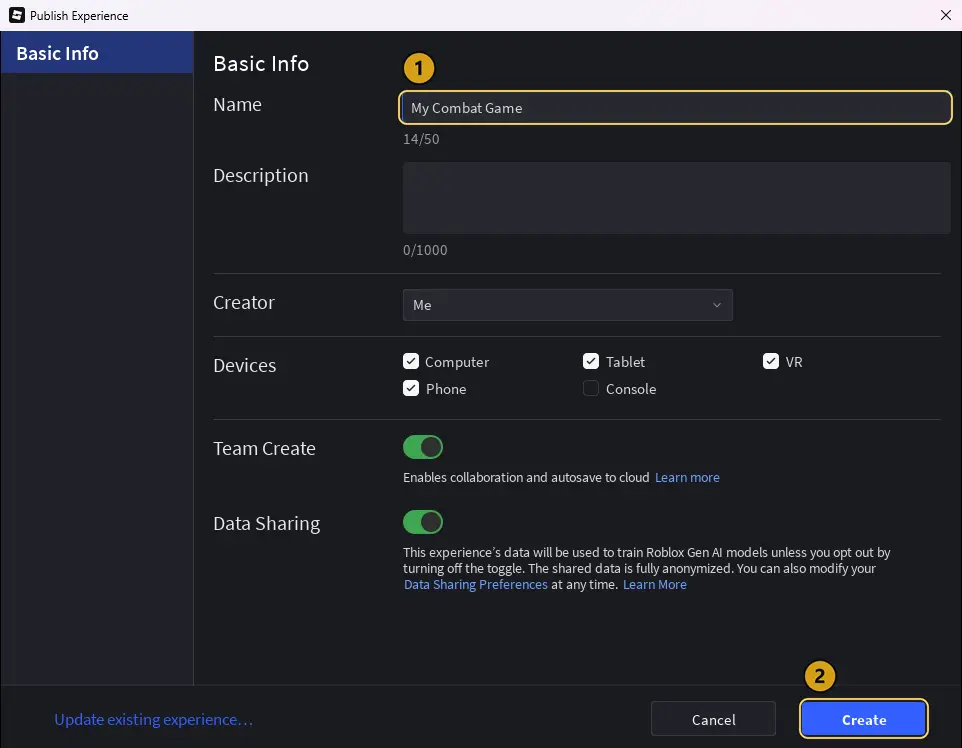 Studio's Publish Experience dialog with the Name field marked 1 and the Create button marked 2