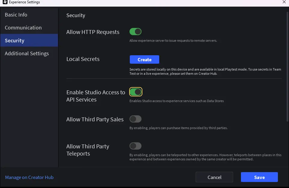 The Security page of Experience Settings with Enable Studio Access to API Services highlighted and turned on