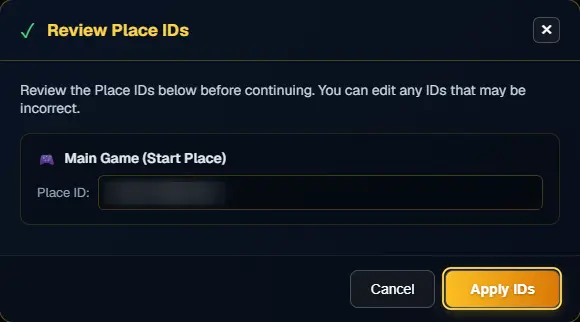 The Review Place IDs window showing Main Game (Start Place) and the Apply IDs button highlighted