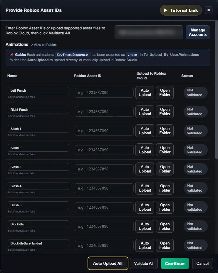 The Provide Roblox Asset IDs window listing the template's animations, with the Auto Upload All button highlighted
