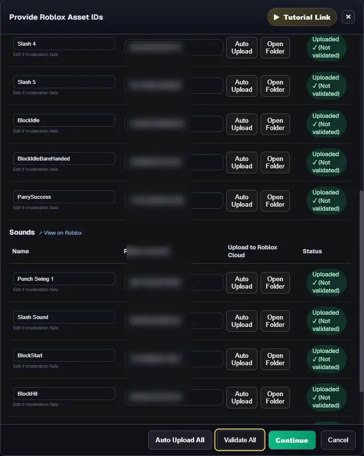 Every animation and sound showing an asset ID and Uploaded (Not validated), with Validate All highlighted