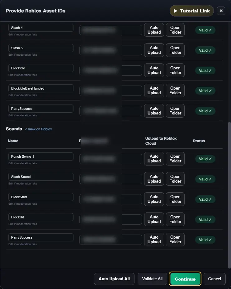 Every animation and sound showing Valid, with the Continue button highlighted