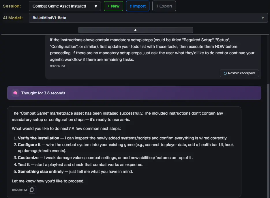 The Superbullet chat with the session Combat Game Asset Installed and the AI's message that the template installed successfully