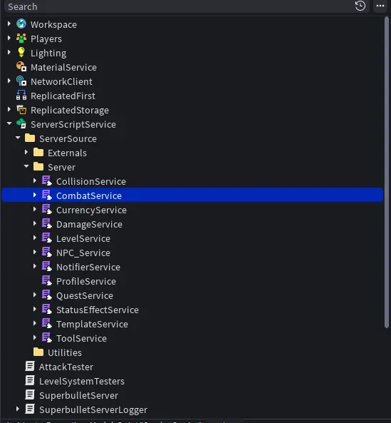 The Studio Explorer with ServerSource > Server expanded, showing CombatService, DamageService, LevelService, QuestService, ToolService and other services