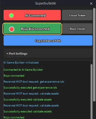 The SuperbulletAI plugin showing AI Connected and Rojo Disconnected highlighted
