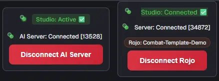 The Superbullet connection cards showing Studio: Active, Studio: Connected and the project name next to Rojo