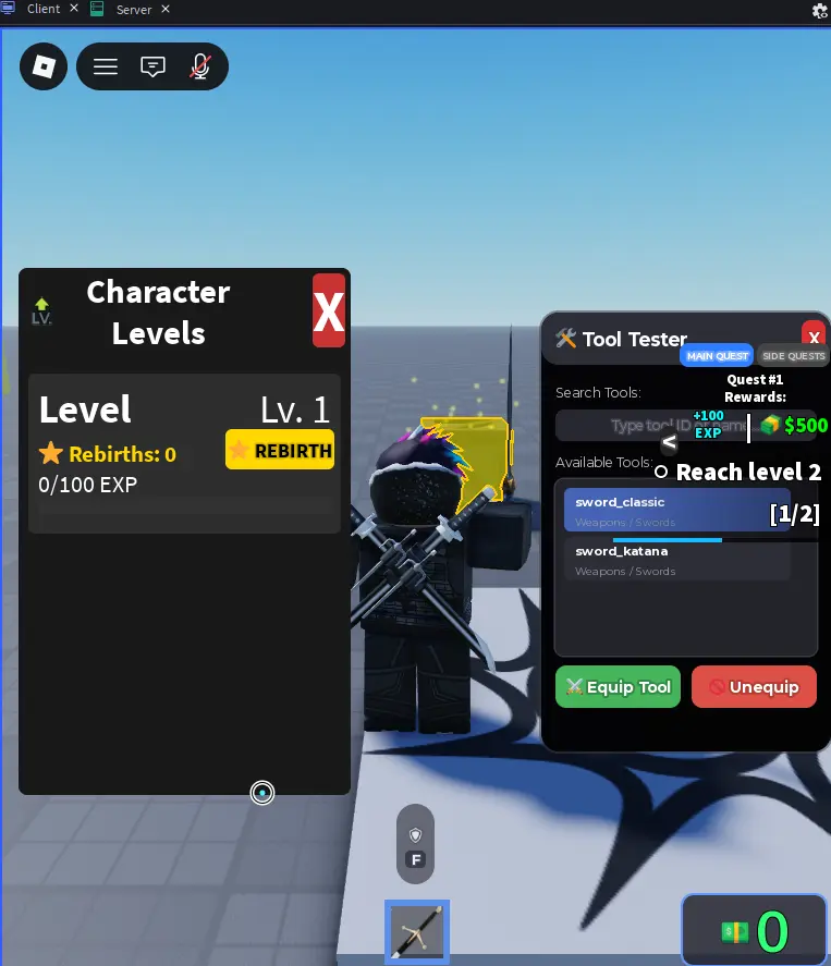 A Studio playtest of the Combat Game template with the Character Levels panel, the Tool Tester listing sword_classic and sword_katana, and a sword equipped
