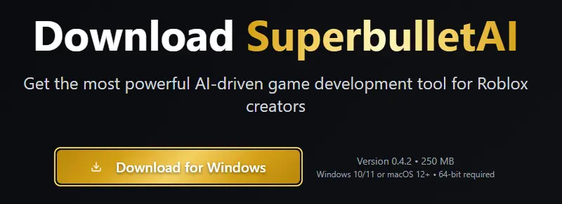 The Superbullet downloads page with the Download for Windows button highlighted