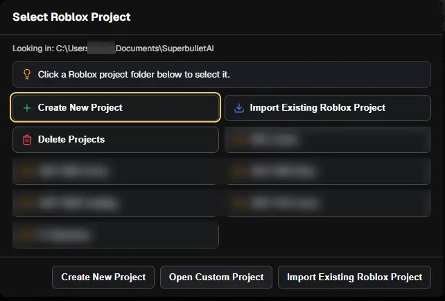 The Select Roblox Project dialog with Create New Project highlighted