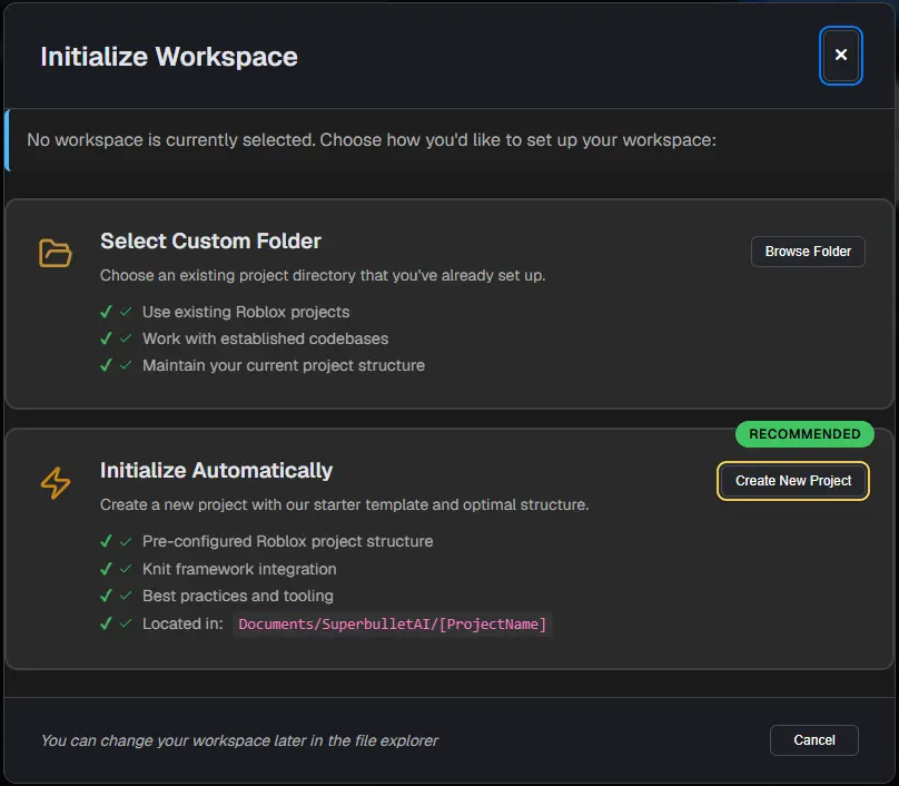 The Initialize Workspace dialog with the Create New Project button under Initialize Automatically highlighted