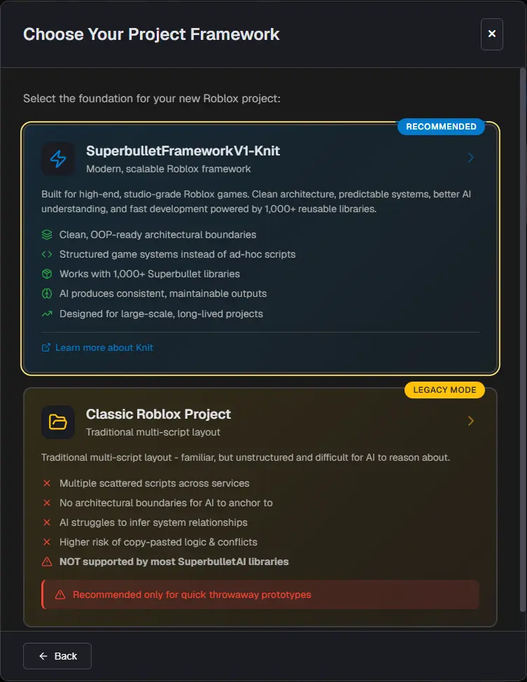 The Choose Your Project Framework dialog with SuperbulletFrameworkV1-Knit highlighted